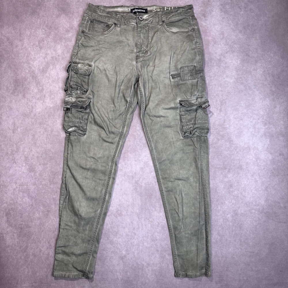Serenede Cargo Jeans Mens 34 X 31 Green Fitted Denim Utility Pockets Streetwear